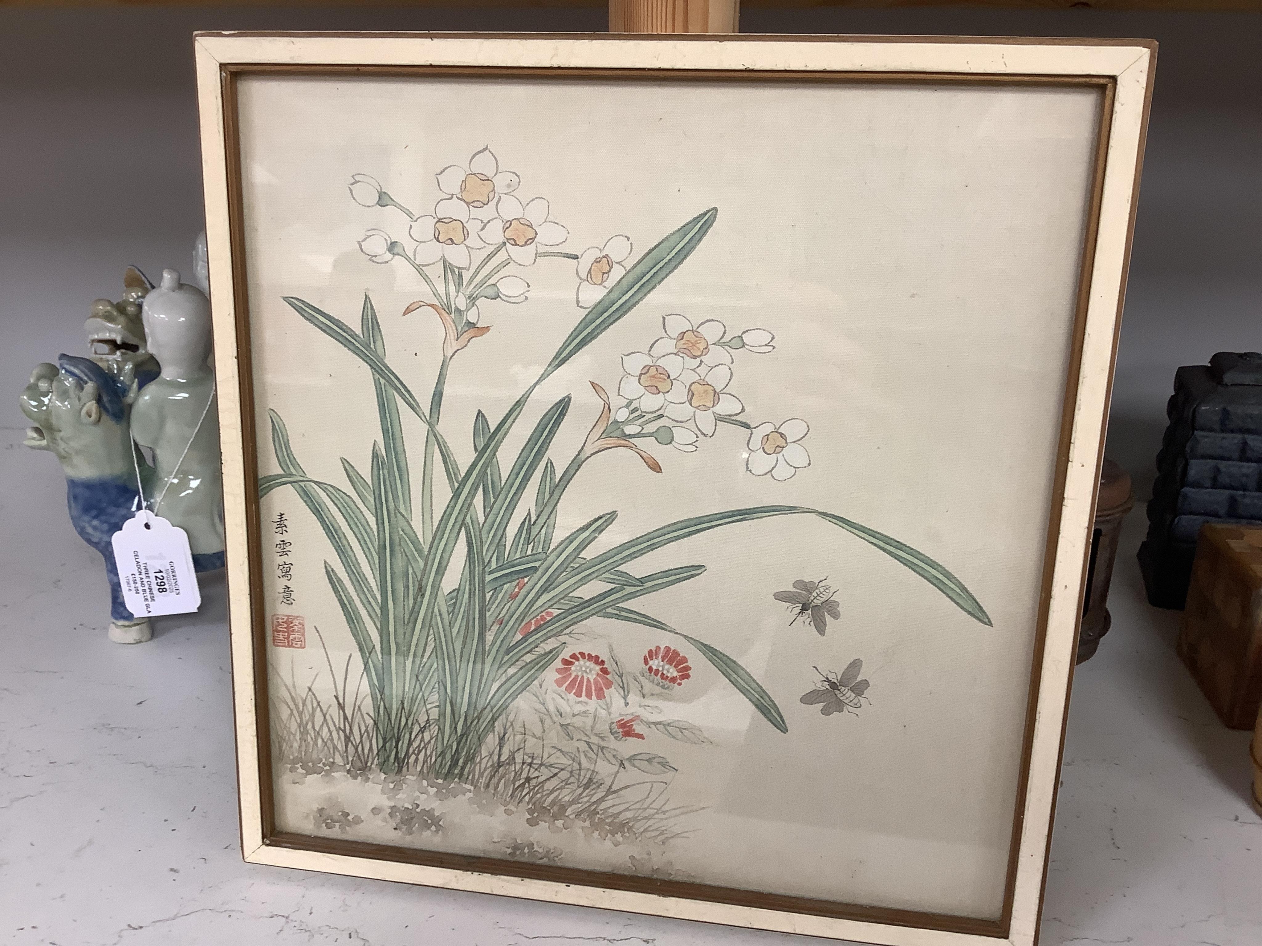 20th century, Japanese School, set of eight watercolours on silk, Flowers and insects, signed with character marks and red seal mark, 27 x 26cm. Condition - fair